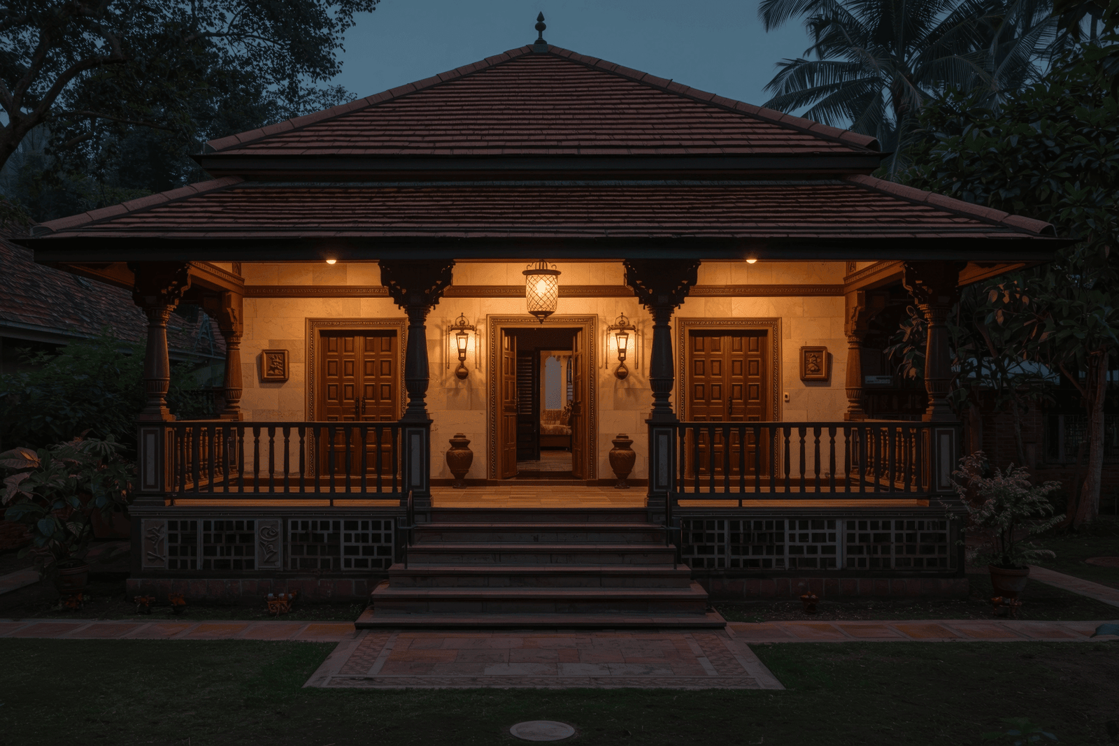 Traditional Indian house illuminated at dusk with warm lights and a tiled roof