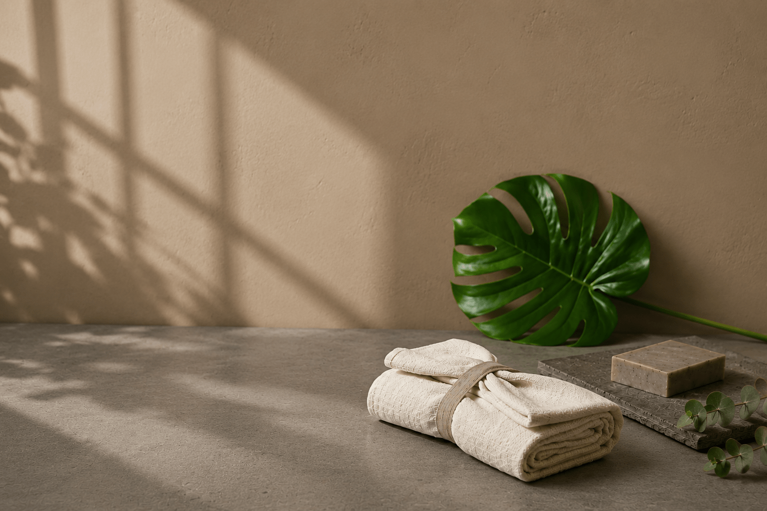 Folded fabric napkins beside a green monstera leaf in soft natural light
