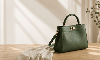 Green handbag placed on a bed beside dried flowers in soft natural light