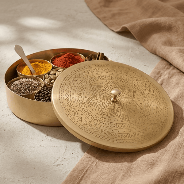 Handcrafted brass masala dabba (traditional Indian spice box) with lid, styled with spices in a warm neutral setting.
