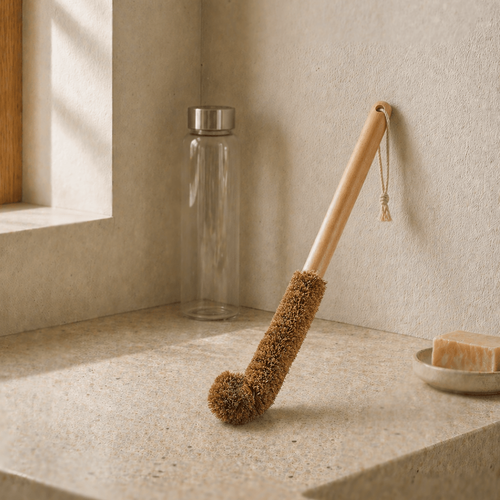 Eco-friendly coconut coir bottle cleaning brush with long wooden handle, ideal for bottles, jars, and narrow containers.