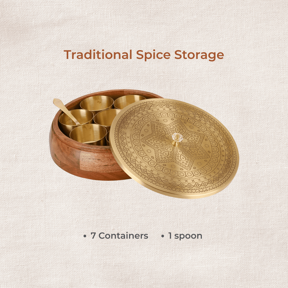 Brass masala dabba with lid and seven containers displayed open
