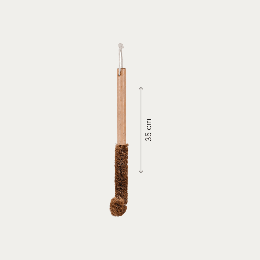 Long-handle coconut coir bottle cleaning brush with product dimensions shown for size reference.