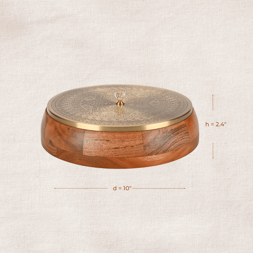 Side view of brass masala dabba with wooden base, with measurements