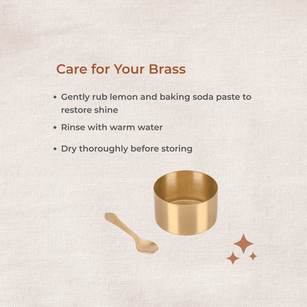 Brass container and spoon with care instructions for brass items