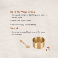 Brass spice container and spoon with care instructions text